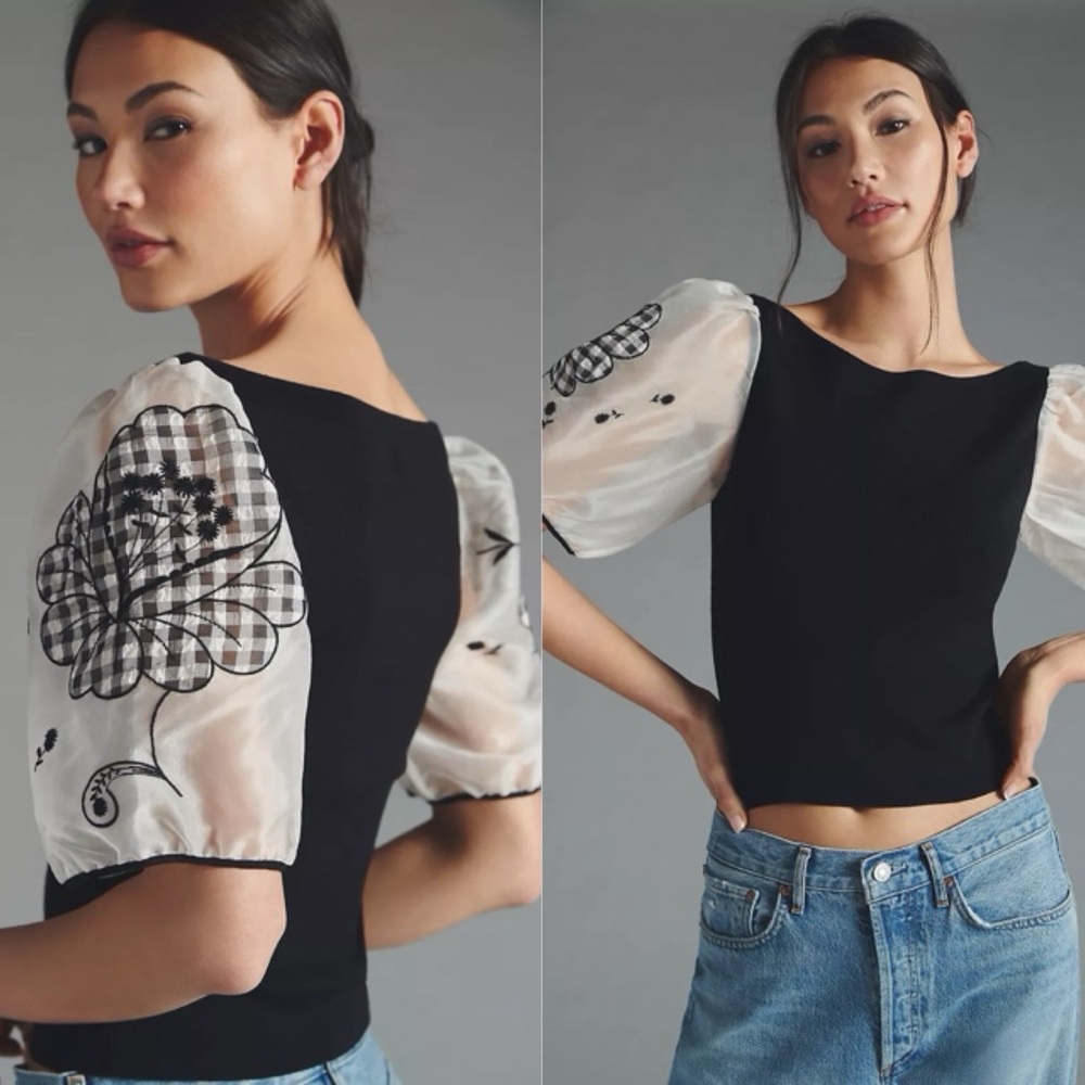 Anthropologie Maeve Silk Puff-Sleeve Knitted Top